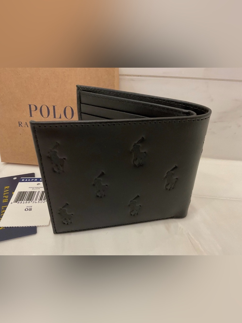 NIB Polo Ralph Lauren Leather ALL OVER PONY Double Billfold Wallet - BLACK - Picture 3 of 7